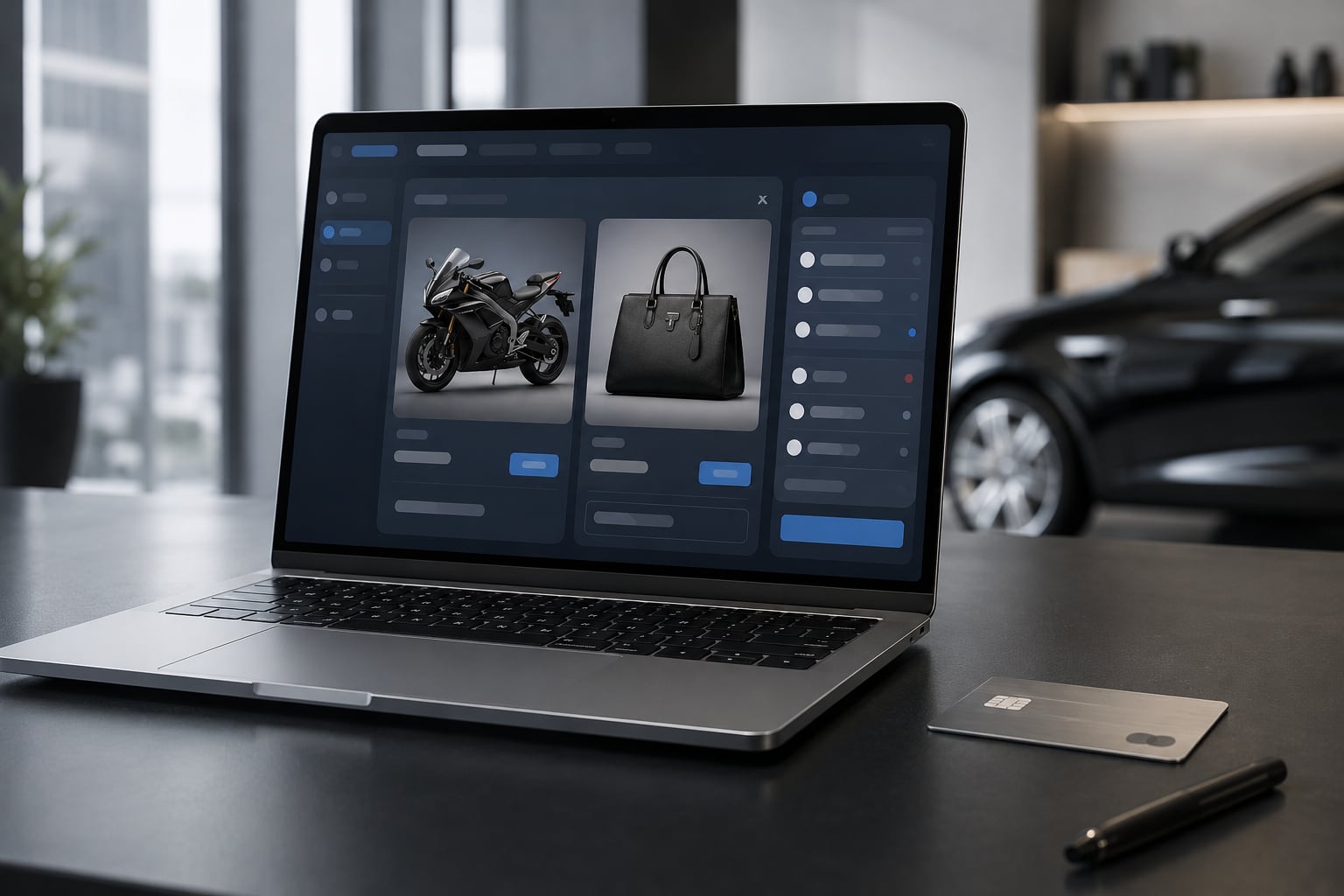 オークション画面で車やバイクの仕入れを確認しているPC画面